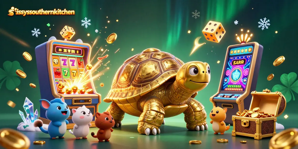 Sissyssouthernkitchen features a vibrant 3D casino scene with a golden tortoise as a pinball machine amidst a jackpot explosion.