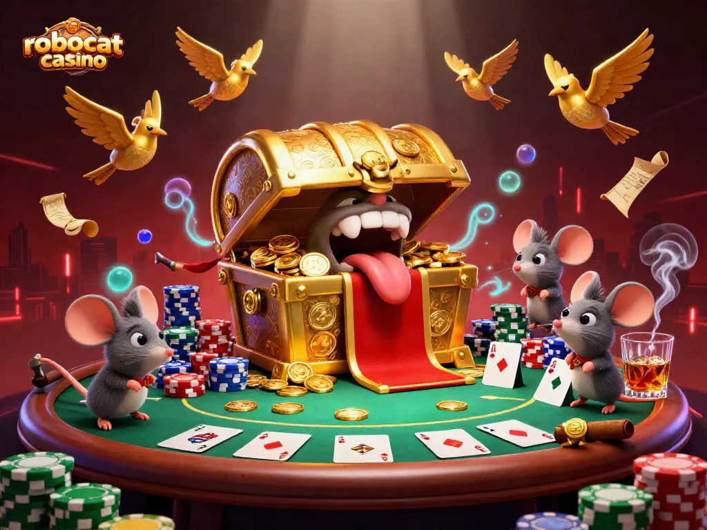 Experience the thrill of winning at robocat casino with a vibrant poker scene illustration.