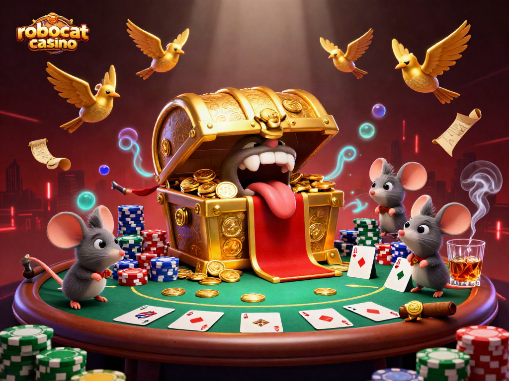 Experience the thrill of winning at robocat casino with a vibrant poker scene illustration.