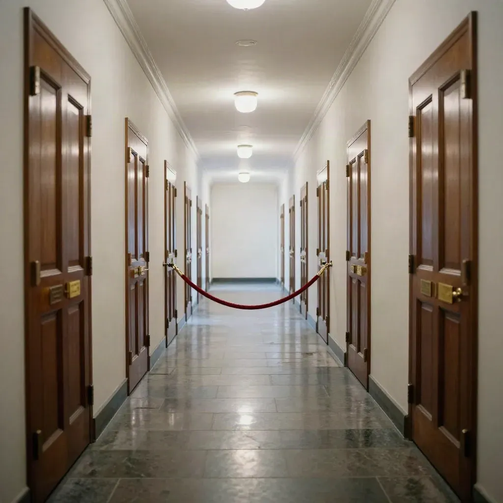 Pasillo ministerial vacío con puertas cerradas y luces encendiéndose en secuencia.