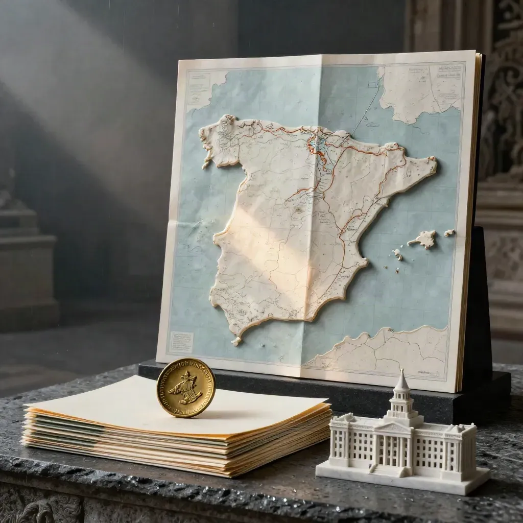 Mapa en relieve de España con sello, carpetas y maqueta institucional bajo luz de amanecer.