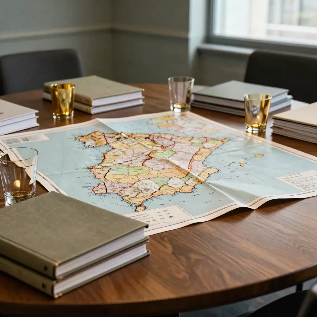 Mapa de España sobre mesa circular en sala institucional, con archivadores y vasos de agua.