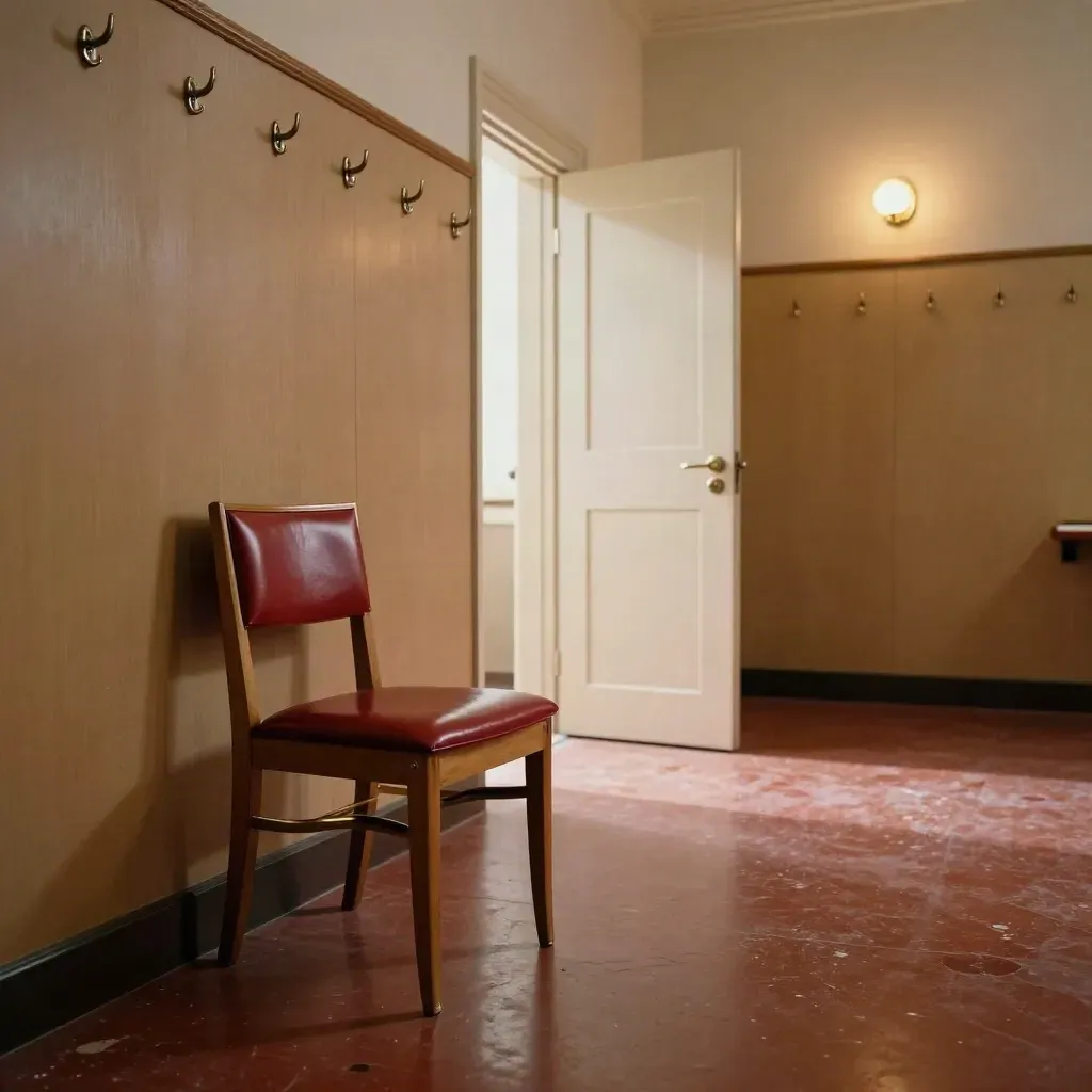 Antecámara ministerial vacía con silla roja, perchas, puertas cerradas y luz cálida lateral.