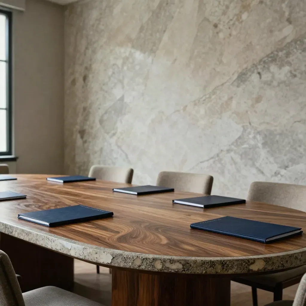 Sala de consejo vacía con mesa oval, carpetas boca abajo y pared de piedra tallada.