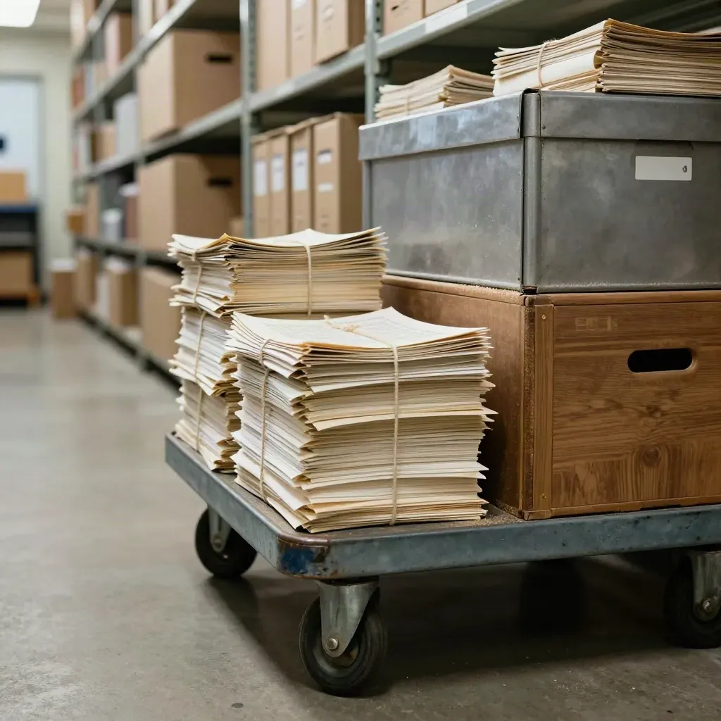 Carro metálico con paquetes oficiales y cajas en un pasillo de archivo postal.