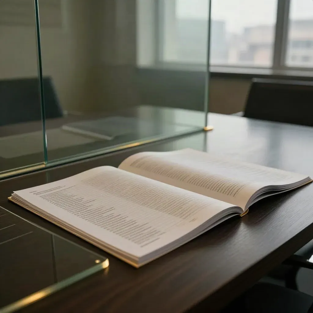 Sala de datos acristalada con hojas de análisis superpuestas sobre una mesa oscura.