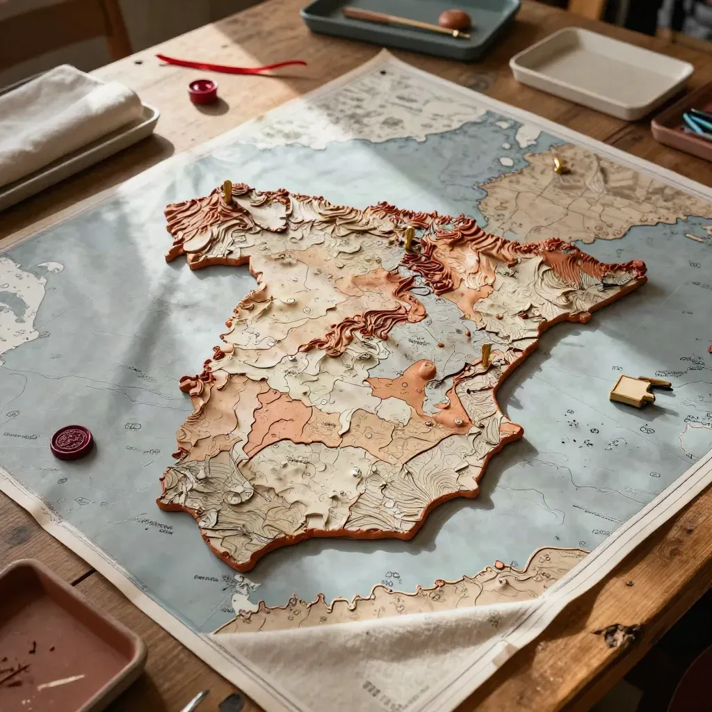 Mapa en relieve de España con fichas autonómicas y marcadores de latón sobre tela neutra.
