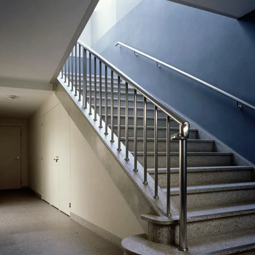 Escalera institucional de Moncloa con barandillas de acero y luz de seguridad en penumbra.