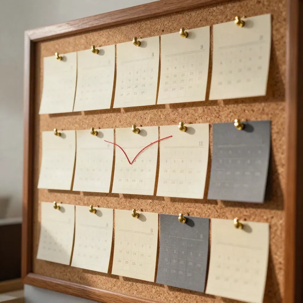 Pizarra de corcho con tarjetas de calendario, hilo rojo y chinchetas doradas en una oficina.