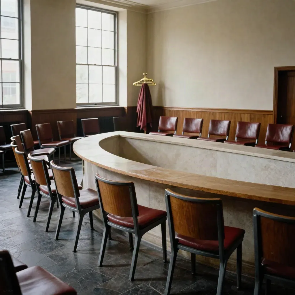 Sala de plenos vacía con sillas en semicírculo, estrado de piedra y perchero municipal.
