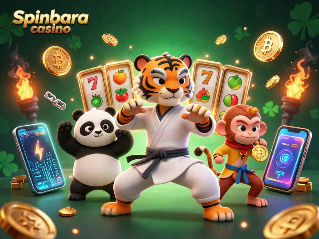 Spinbara casino turbocharges excitement with a vibrant 3D scene showcasing slots, crypto elements, and cartoon characters.