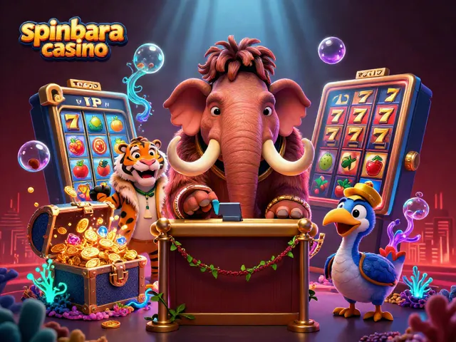 Experience the excitement at Spinbara Casino with vibrant elements and characters in a dynamic scene.